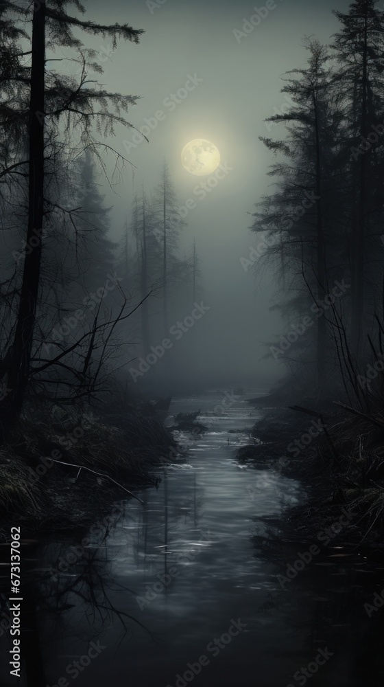 misty landscape of a forest at a lake with fog in the morning hours. misty landscape of a forest at a lake with fog in the morning hours.