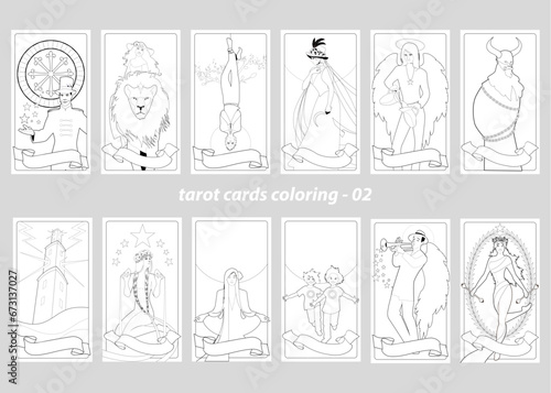 Coloring Book Pages Illustrations. Major Arcana Tarot Cards to Color. Coloring Esoteric Cards