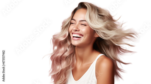 Smiling American young woman Beautiful curly hair salon