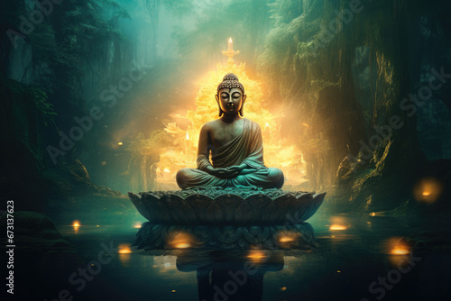 Glowing golden buddha in heaven light