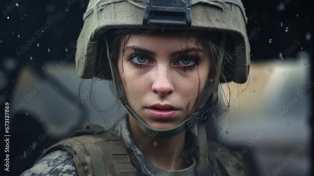 Portrait of a modern female soldier, poised and prepared in their ballistic helmet for combat. Portrait of a modern female soldier, poised and prepared in their ballistic helmet for combat.