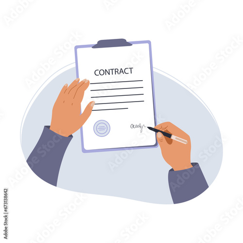 Hands holding a document and a pen. Contract, agreement concept, document signing. Vector illustration in flat style.