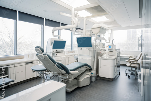 Modern laboratory or operating room for operations or dentists perfectly equipped with instruments and screens.