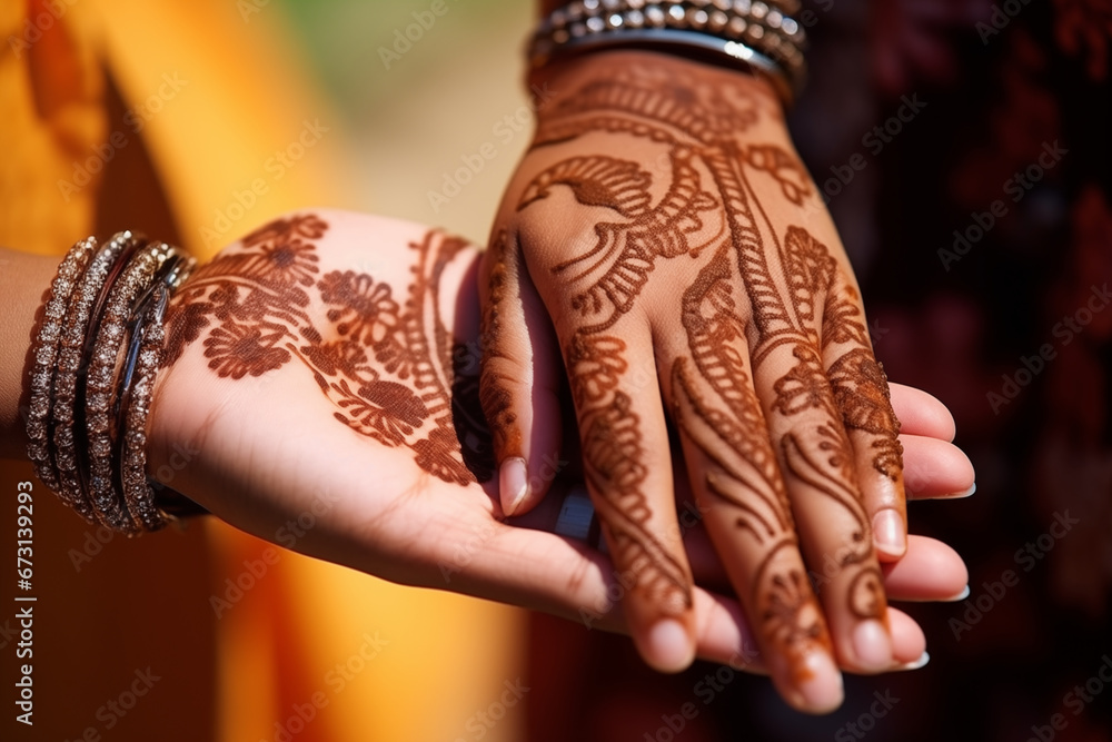 A close-up of intertwined hands with delicate henna designs, symbolizing the cultural richness of love, creativity with copy space