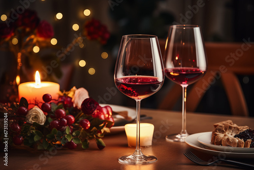 A beautifully set table with red wine, ready for a romantic dinner for two, capturing the elegance of a special evening, creativity with copy space