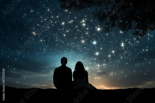 A couple stargazing under a sky filled with twinkling stars  representing the vastness of their love  creativity with copy space