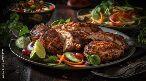 Jerk Chicken Fillets Marinated in Plate With Salad on Blurry Background