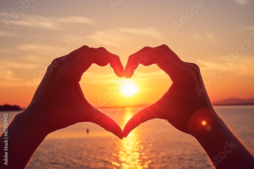 A couple's hands framing a heart shape around the sun during a scenic sunrise, celebrating the promise of a new day, creativity with copy space