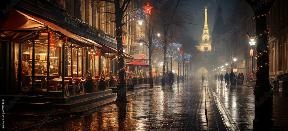 Night snowy Christmas city , New Year holiday, blurred background, City life in the rain