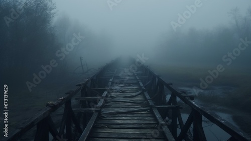 Scary old ruined wooden bridge in foggy blurred forest background