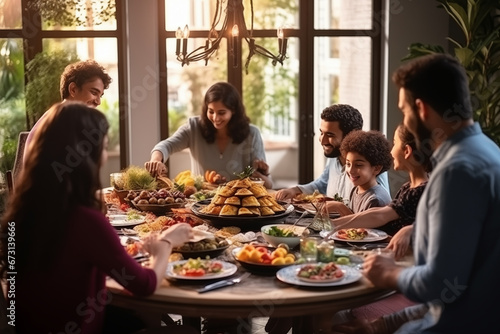 A family gathered around a beautifully set Iftar table, creativity with copy space