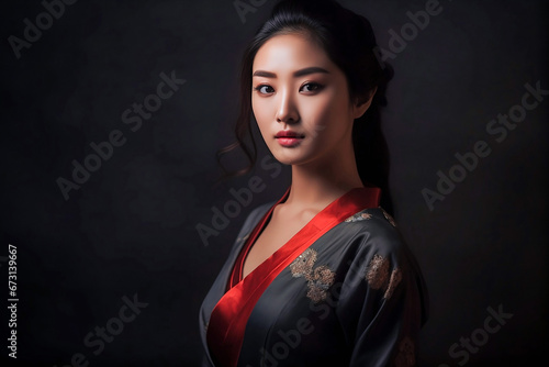a photo of a gorgeous Korean Asian young lady in traditional silky beautiful red dark blue sleeping gown, indoor studio lighting and settings with dark black background, generative ai