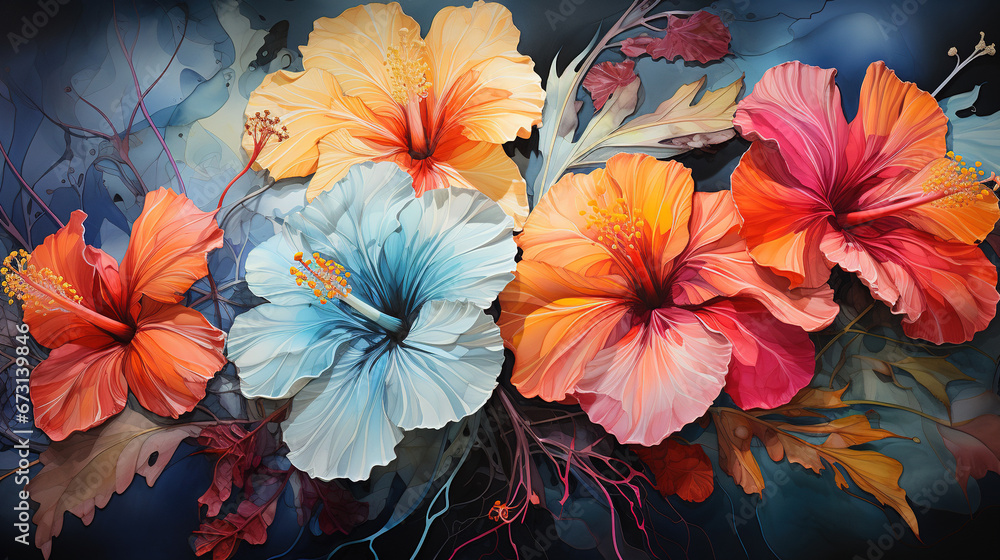 An Artistic Representation of the Hibiscus Flower in a Mesmerizing Batik Style Oil Painting on Canvas