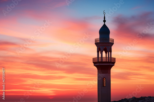 A beautiful mosque minaret against a colorful sunset  portraying the call to prayer  creativity with copy space