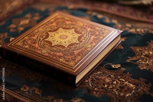 A beautiful Quran with an ornate cover, reflecting the significance of religious texts, creativity with copy space