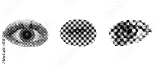 Set of halftone diferent female eyes. Dots texture. Contemporary style