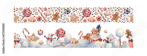 Endless frieze with Christmas decor, Christmas sweets, snow, snowmen, confetti. Watercolor illustration.