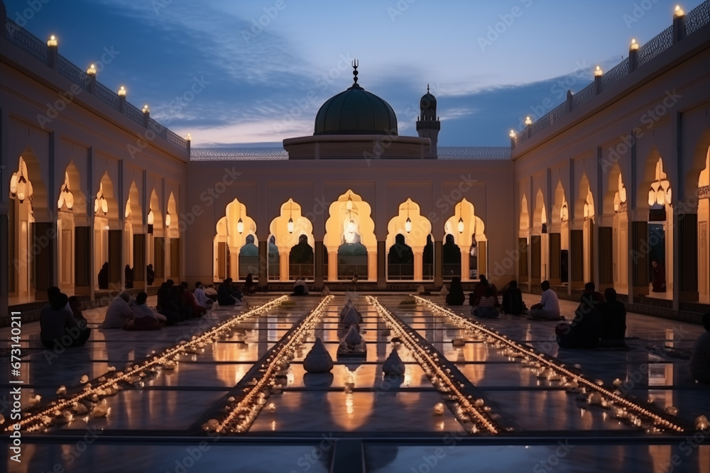 A mesmerizing view of a mosque courtyard during evening prayers, depicting the tranquil ambiance, creativity with copy space