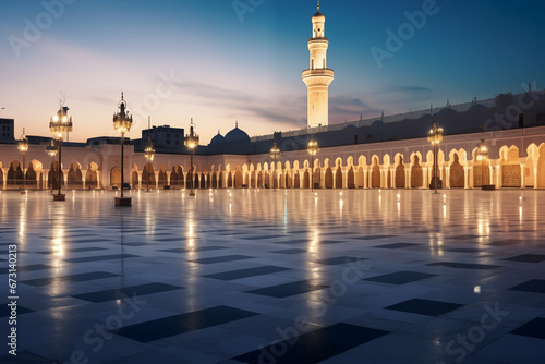 A mesmerizing view of a mosque courtyard during evening prayers, depicting the tranquil ambiance, creativity with copy space