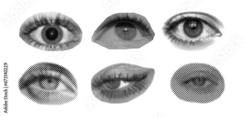 Set of halftone diferent female eyes. Dots texture. Contemporary style