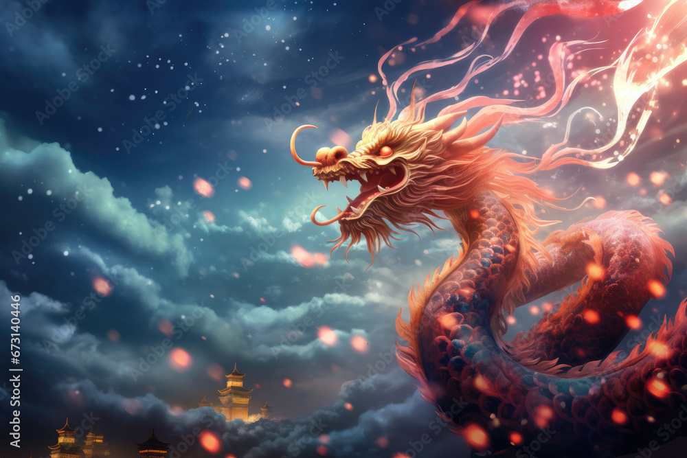 Happy chinese new year 2024 , the glowing dragon zodiac - obrazy, fototapety, plakaty 