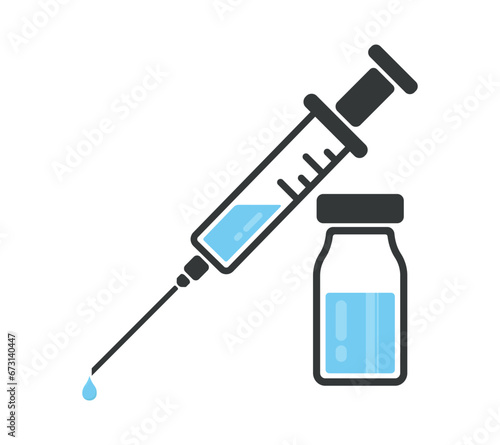 Vaccine vial and syringe. A syringe filled with vaccine or the contents inside. Vaccine vial and syringe. Syringe vector icon isolated on white background