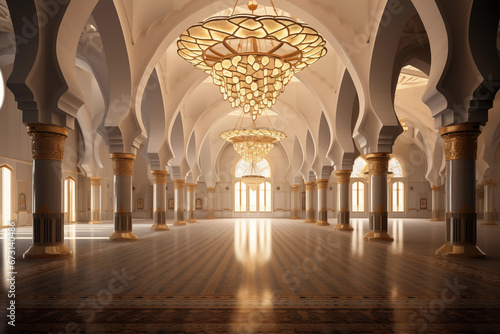 A stunning image of a serene mosque interior with elegant lighting, invoking the feeling of peace and serenity, creativity with copy space