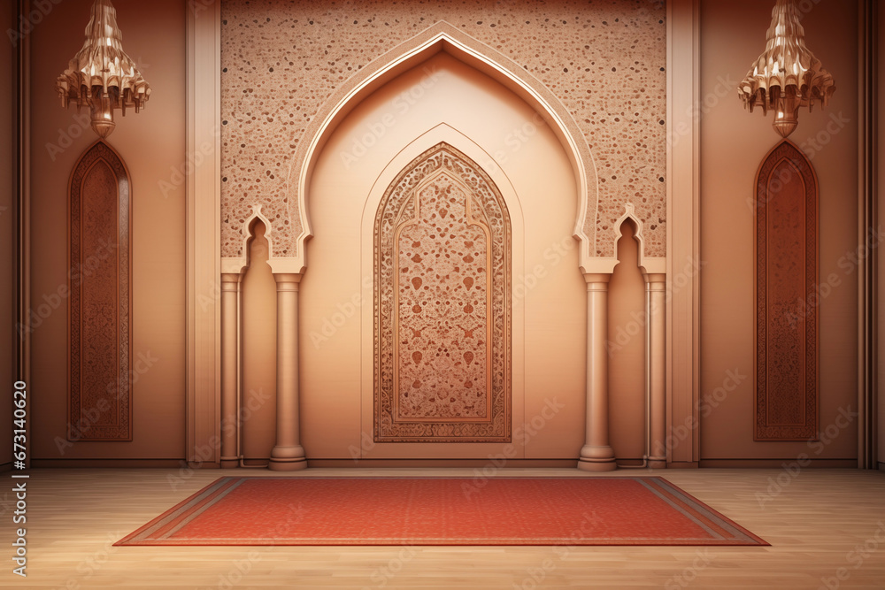 A beautifully decorated mosque mihrab, symbolizing the focal point of prayer and devotion, creativity with copy space