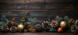Flat lay Christmas decor background on wooden table