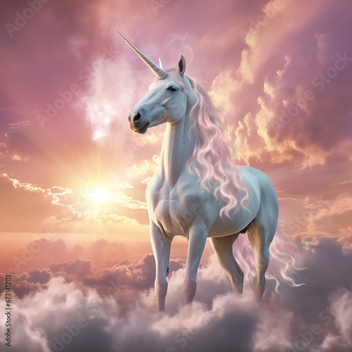 a Bright and beautiful Unicorn glowing in heaven created with Generative Ai