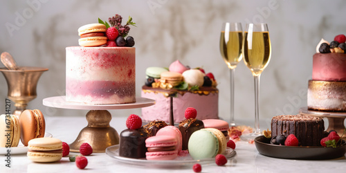 Assortment of Cake Desserts on A Marble Table Top Next to Champagne Iridescent powder, Macarons and gold Leaf Chocolate Blurry Background