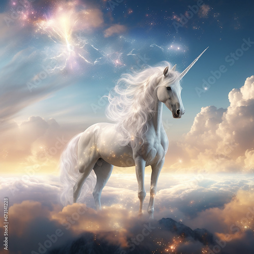 a Bright and beautiful Unicorn glowing in heaven created with Generative Ai © Andrii Yablonskyi