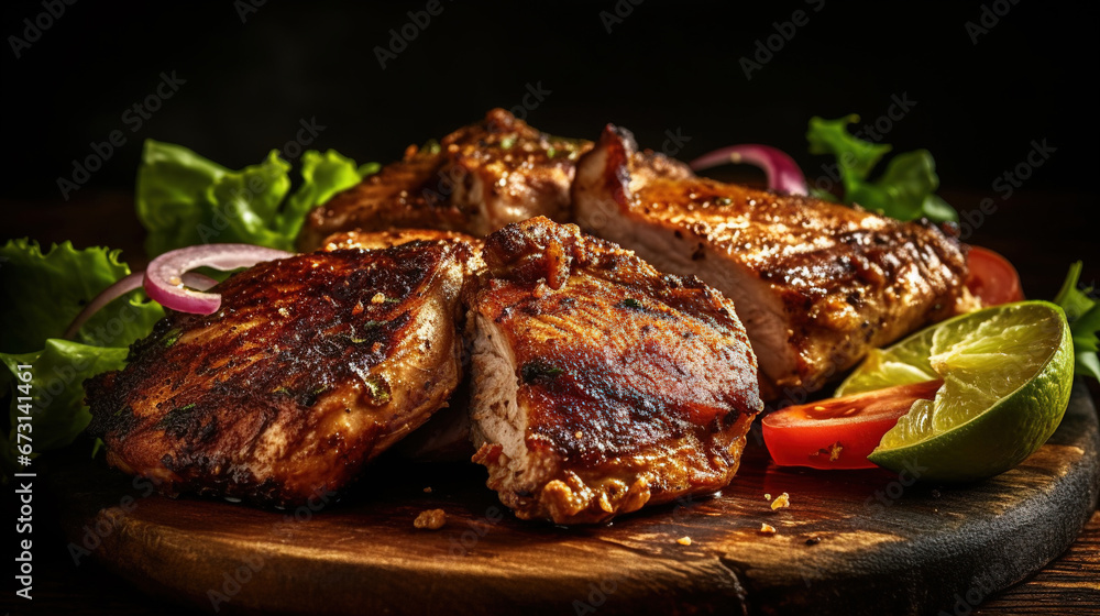 Jerk Chicken Fillets Marinated in Plate With Salad on Blurry Background