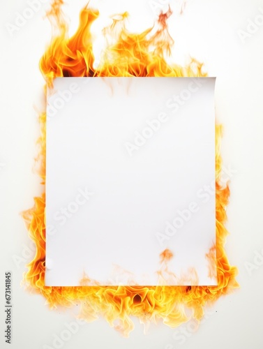 blank sheet of white paper on fire. may be used for your text or picture. 