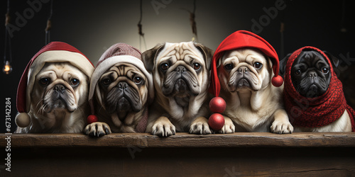  funny cute pugs wearing christmas and winter hats  photo
