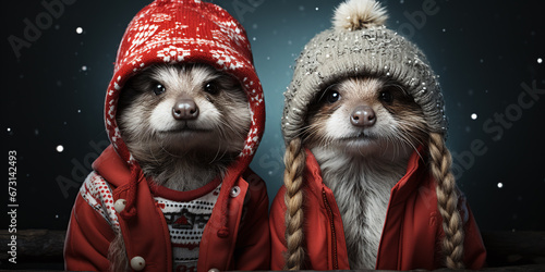 funny cute animals wearing winter hats  photo