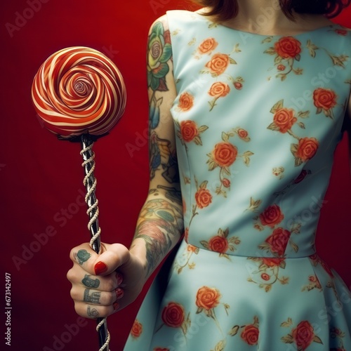 Girl with tattoos on her arms holding a lollipop in her hand.