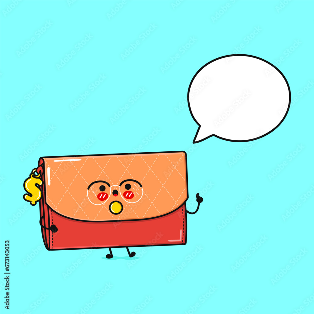 Wallet for women with speech bubble. Vector hand drawn cartoon kawaii character illustration icon. Isolated on blue background. Wallet for women character concept Wallet for women with speech bubble. Vector hand drawn cartoon kawaii character illustration icon. Isolated on blue background. Wallet for women character concept