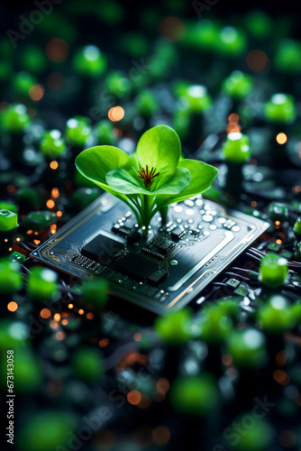 Generative AI illustration of green small plants growing on computer chip