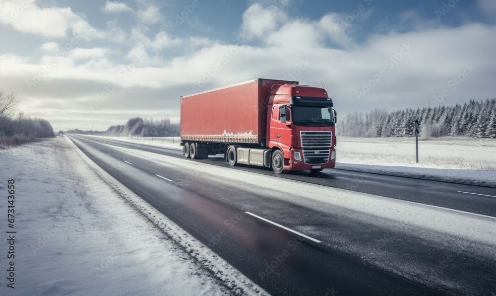 A Red Semi Truck Making Its Way Through a Snowy Winter Landscape