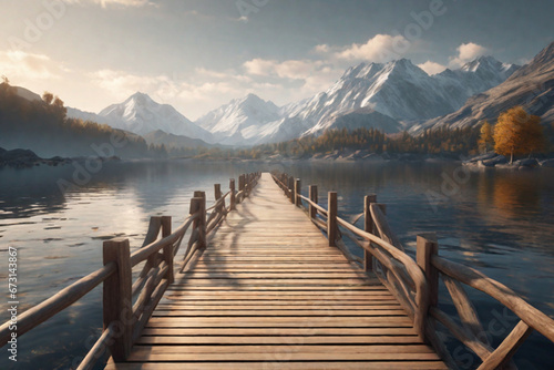 Beautiful empty wooden bridge over a lake with mountains, trees and a blue sky, generative ai 