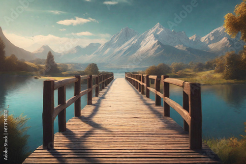 Beautiful empty wooden bridge over a lake with mountains, trees and a blue sky, generative ai  © Naima’s Creation