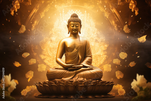 Glowing golden buddha in heaven light