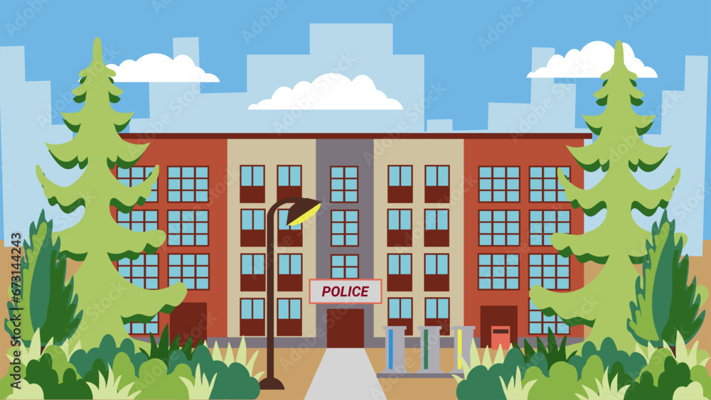 illustration of a street with a police building in a flat style