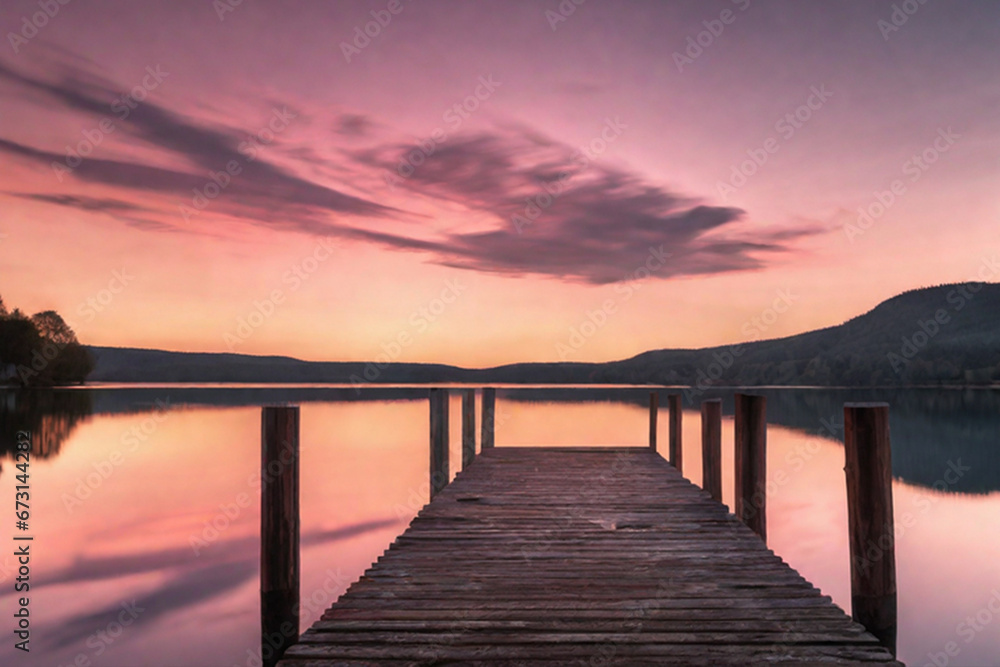 Fototapeta premium Beautiful empty wooden bridge over a lake with mountains, trees and a blue sky, generative ai 