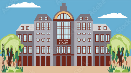 Illustration of a railway station building in a flat style. Urban infographics.