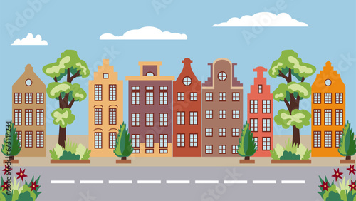 Cute Spring Street with Dutch house, trees and flowers, an illustration in a flat style for postcards, invitations, banners, design and decor.