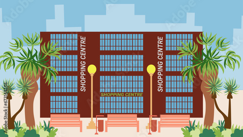Modern shopping center building on the street surrounded by palm trees. Illustration in a flat style. Urban landscape of urban infrastructure for an information banner.