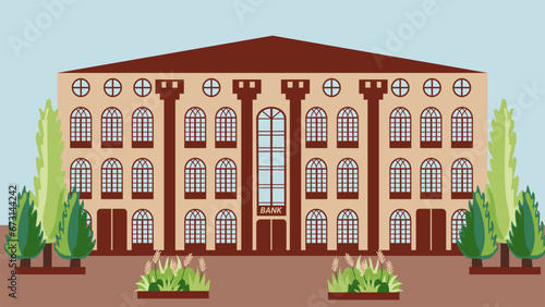 Bank in an old house on the street in the shade of trees. Bank building in the ancient center of a European city. Illustration in a flat style. City landscape of urban infrastructure