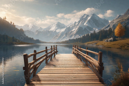 Beautiful empty wooden bridge over a lake with mountains  trees and a blue sky  generative ai 